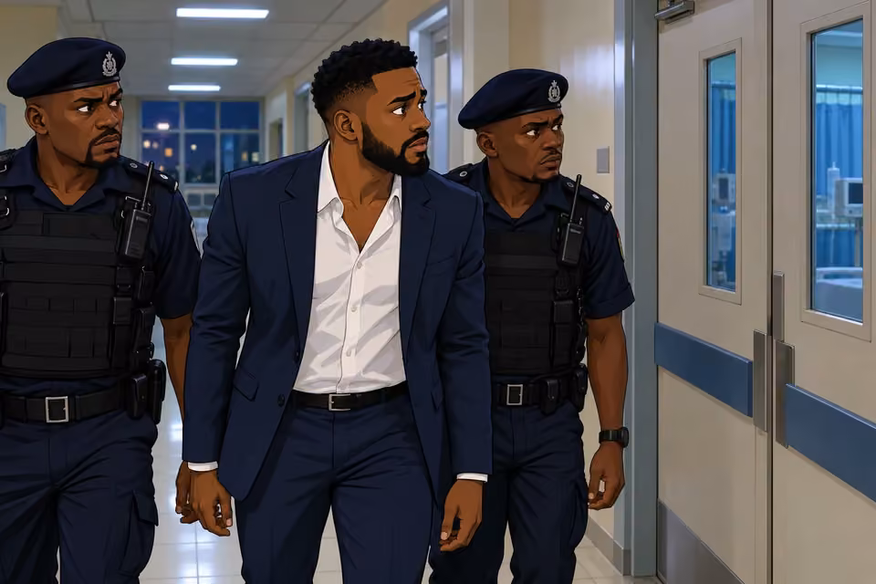 Cartoon illustration: Wale glances toward the emergency-room door as two officers surround him.