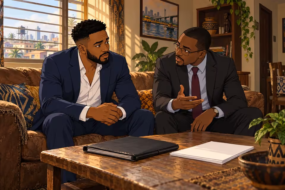 Cartoon illustration of lawyer Biodun offering determined support to Wale in his apartment after securing his release on bail.