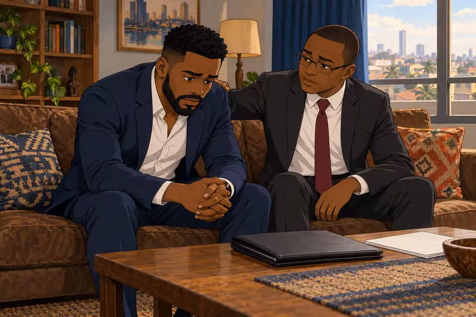 Cartoon illustration: Biodun sits beside a burdened Wale in the apartment after securing his bail.