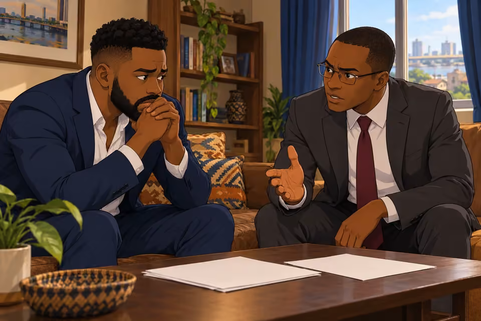 Cartoon illustration: Biodun speaks with resolve as Wale listens in the modest apartment.