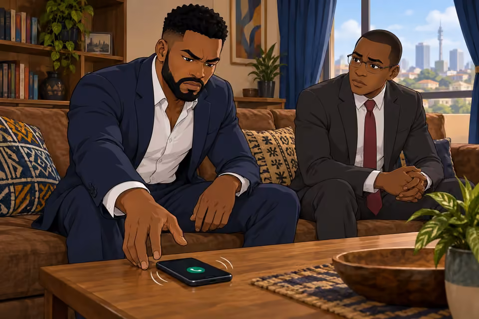 Cartoon illustration: Wale reaches for a ringing phone while Biodun watches from the sofa.