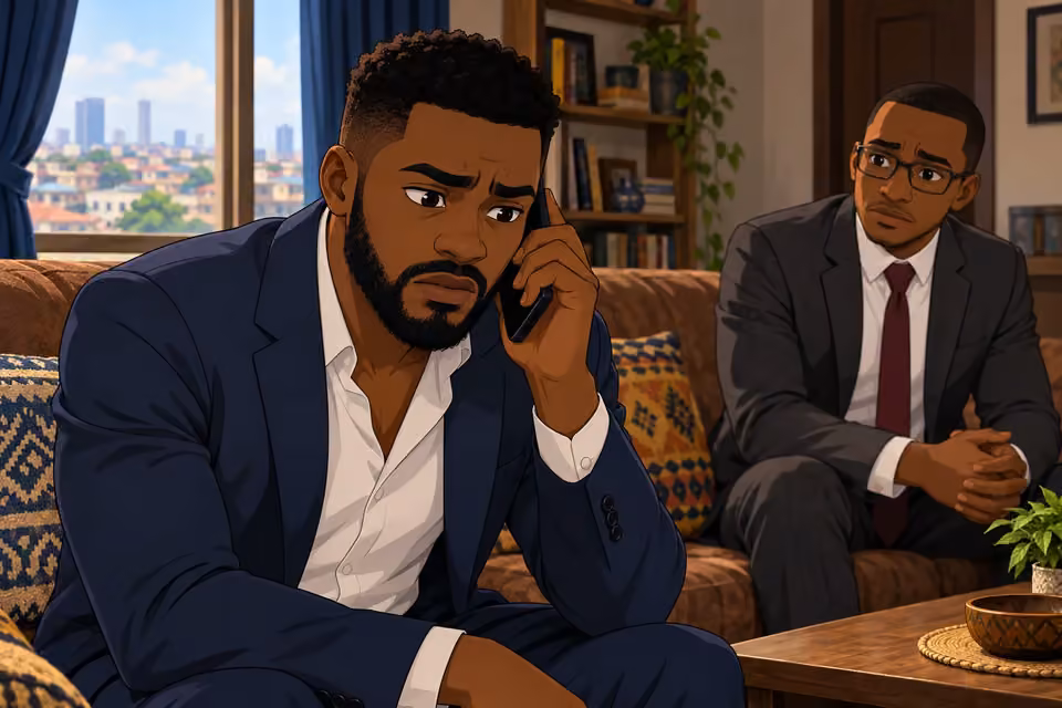 Cartoon illustration: Wale listens intently on the phone as Folake says she has more to reveal.
