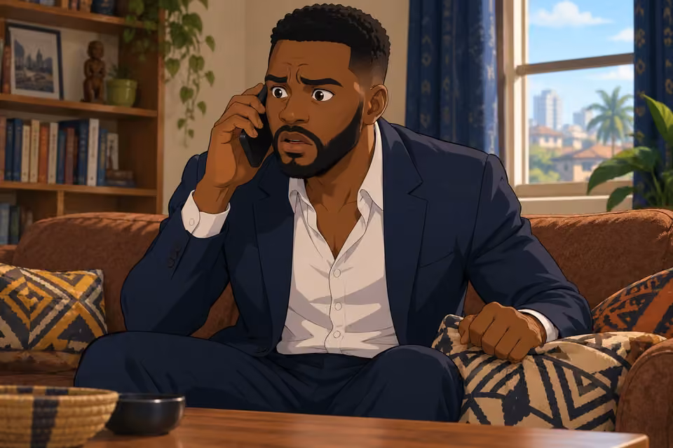Cartoon illustration: Wale grips the sofa cushion while listening to Folake describe the old warehouse fire.