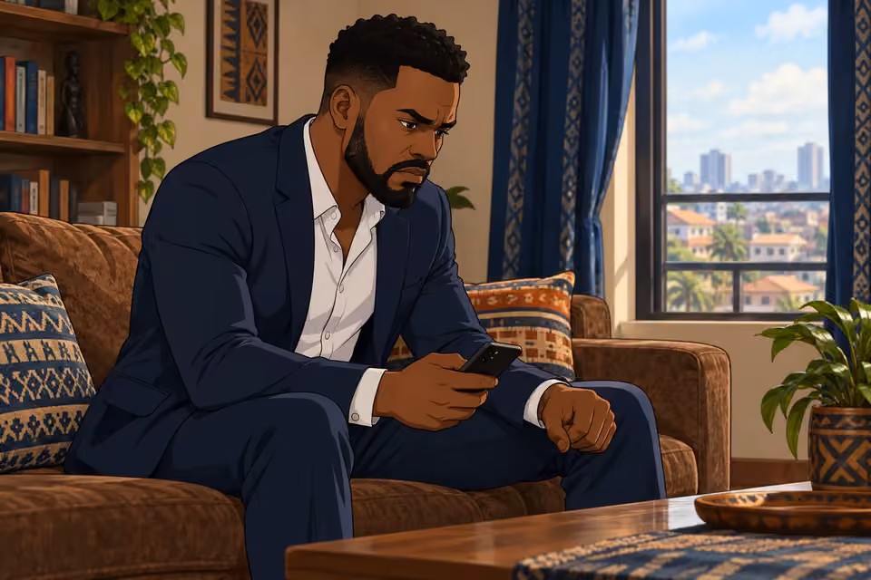 Cartoon illustration: Wale sits quietly with his lowered phone, anger and concern crossing his face.