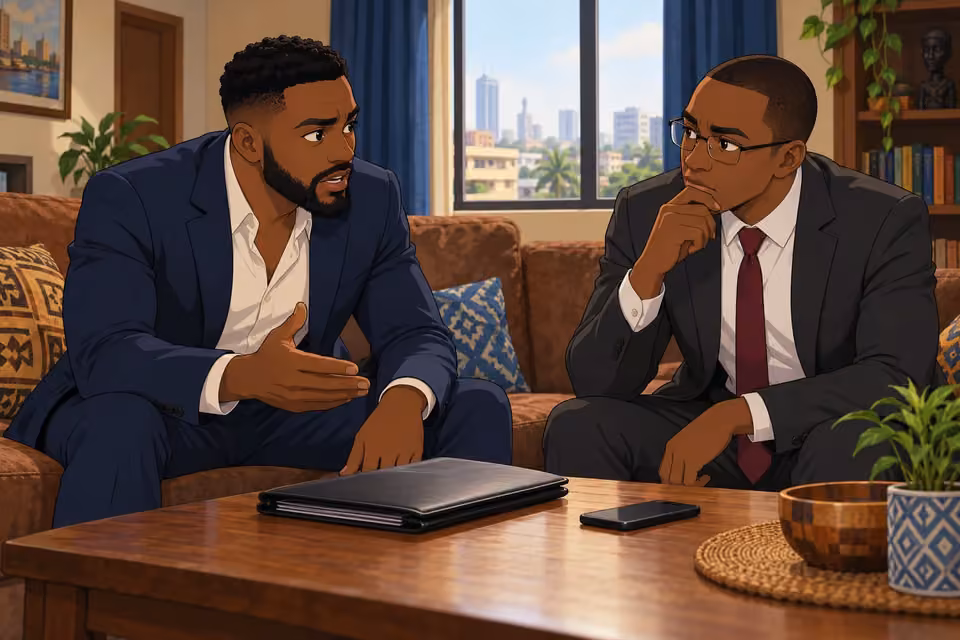 Cartoon illustration: Wale explains the confession to Biodun and insists they investigate.