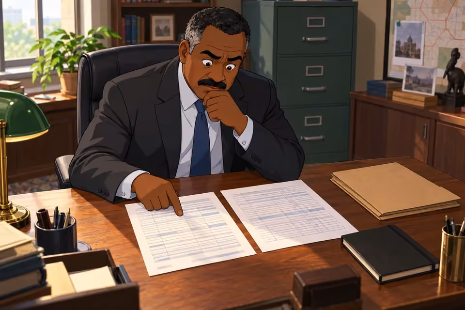Cartoon illustration: Detective Hassan studies financial records and notices a troubling purchase.