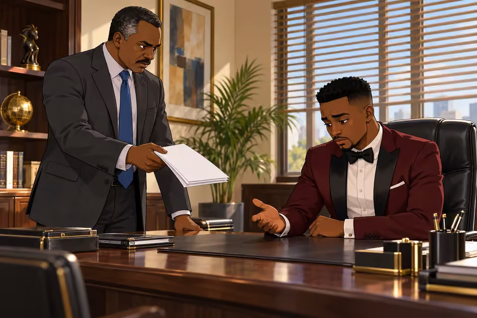 Cartoon illustration: Hassan confronts Demola with the evidence in his office.