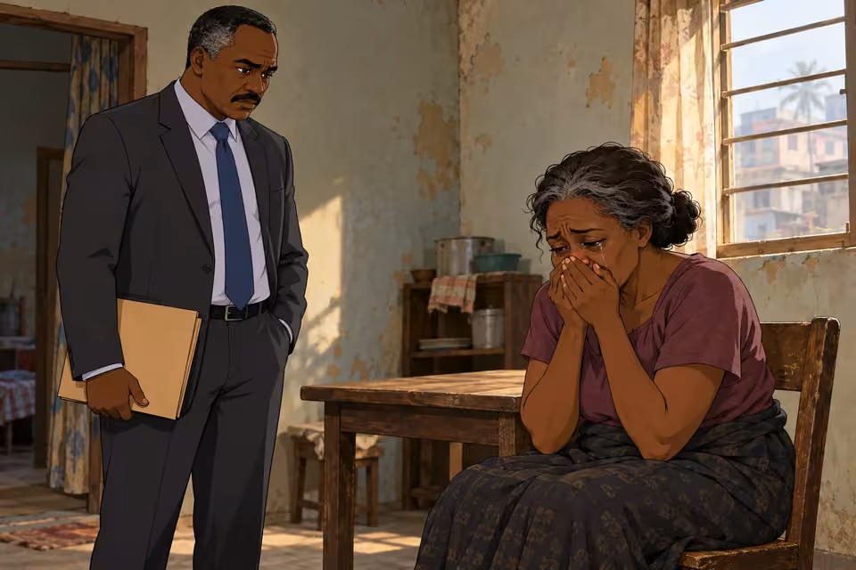 Cartoon illustration: Mrs. Adesola breaks down in her rundown apartment while Hassan listens.