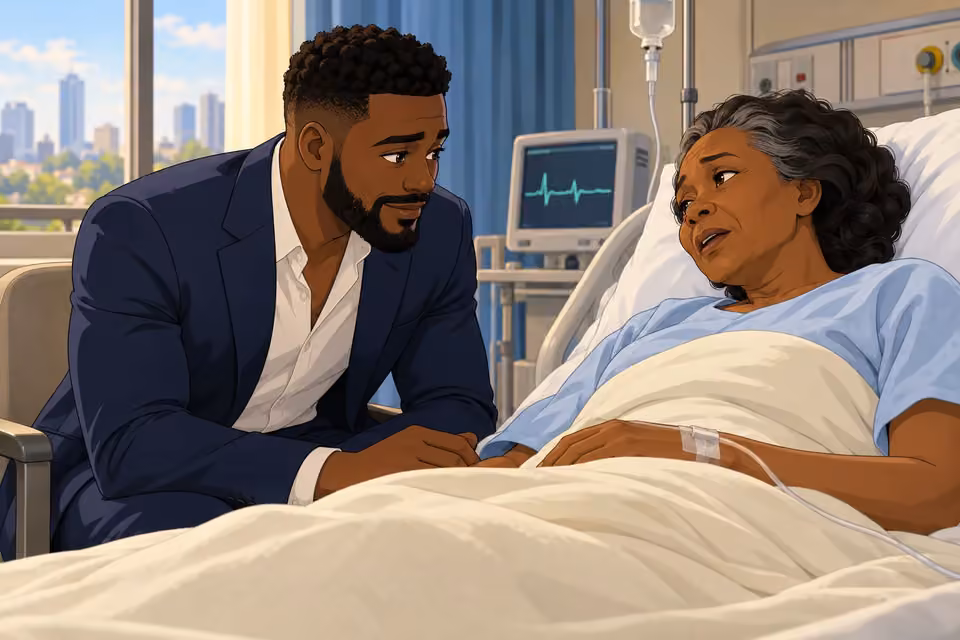 Cartoon illustration: A weak but conscious Mama Akinsanya whispers to Wale at her bedside.