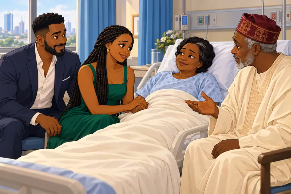 Cartoon illustration: Folake thanks Mama as the recovered Chief seeks reconciliation and Wale watches.