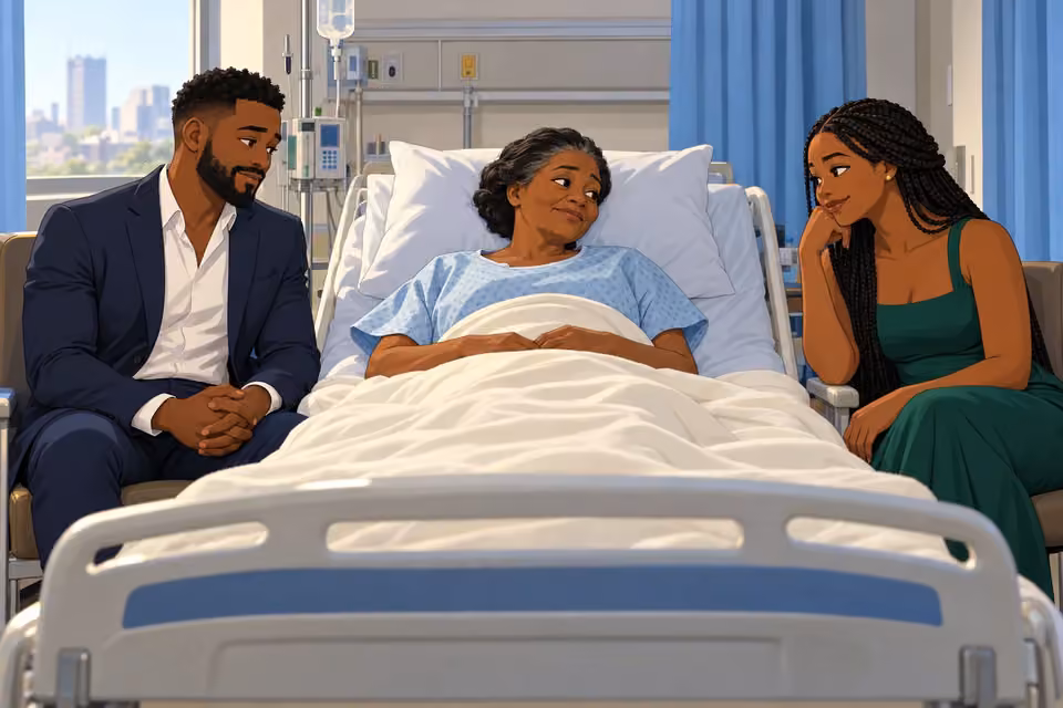 Cartoon illustration: Wale and Folake sit quietly beside the recovering Mama Akinsanya.