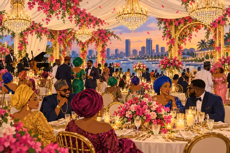 Elite wedding guests gather beneath crystal chandeliers and bougainvillea at a lavish Banana Island reception.