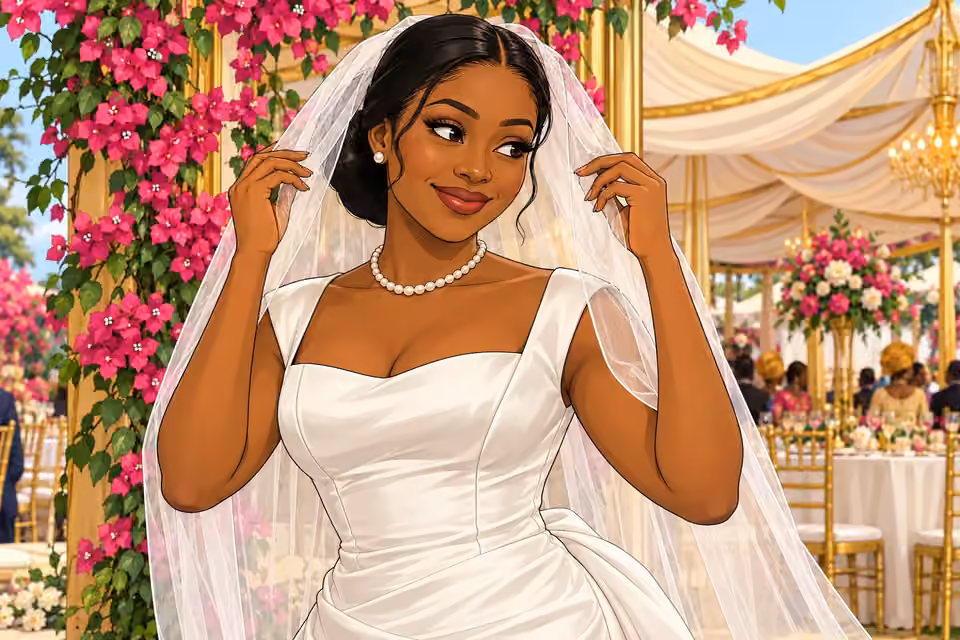 Amaka smiles for the wedding cameras while adjusting her veil with tense fingers.