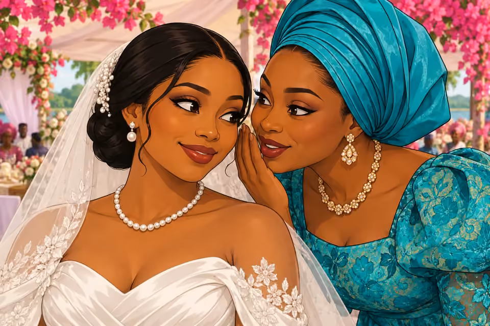 A wedding guest whispers a compliment to Amaka at the reception.