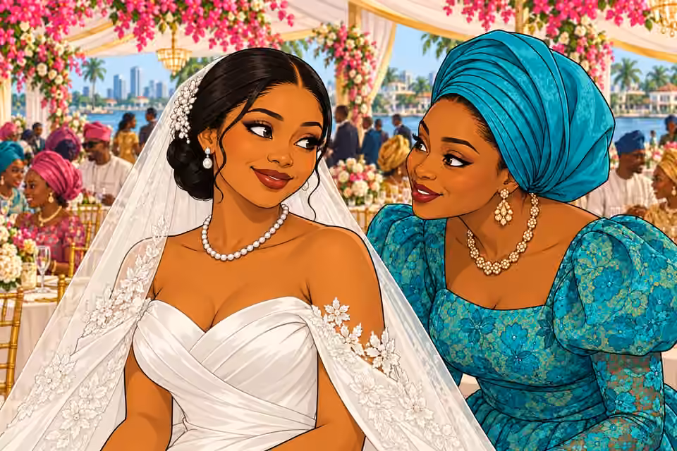 Amaka laughs softly while keeping a watchful eye on the wedding crowd.