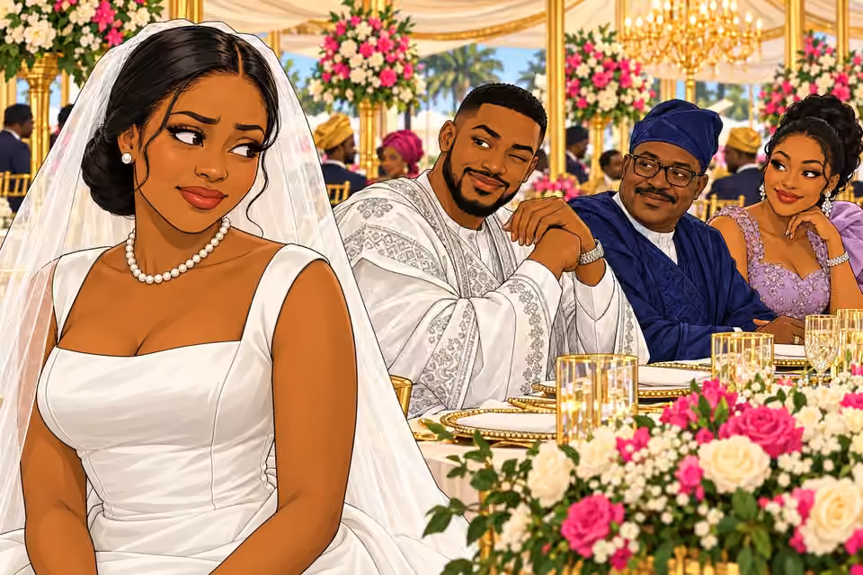Chuka winks from the wedding high table as Amaka turns away.