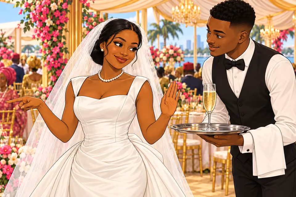 Amaka declines the champagne offered by a waiter and gestures toward her mother’s table.