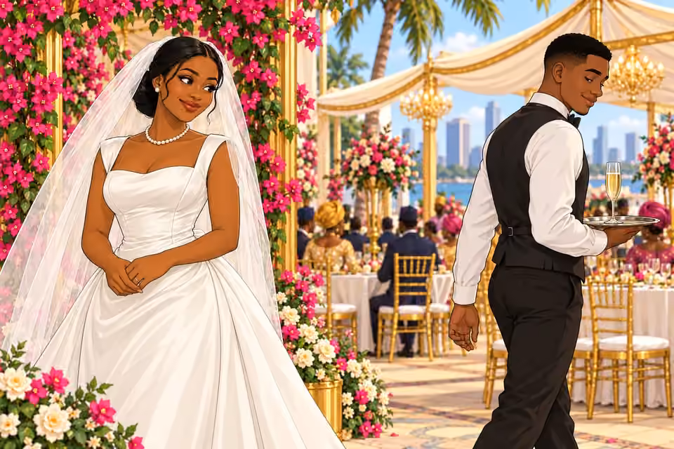 The waiter nods and walks away with the untouched glass while Amaka stays beside the marquee.