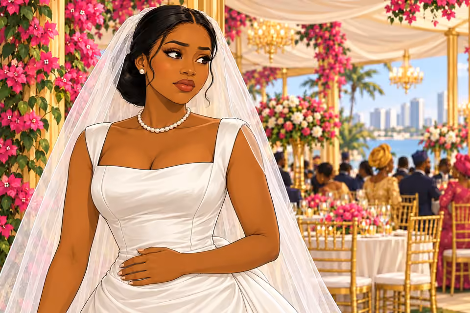 Amaka takes a deep breath beneath the wedding canopy, her poised expression hiding unease.