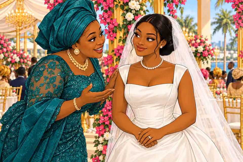 An enthusiastic wedding guest praises Amaka’s mother as Amaka listens politely.