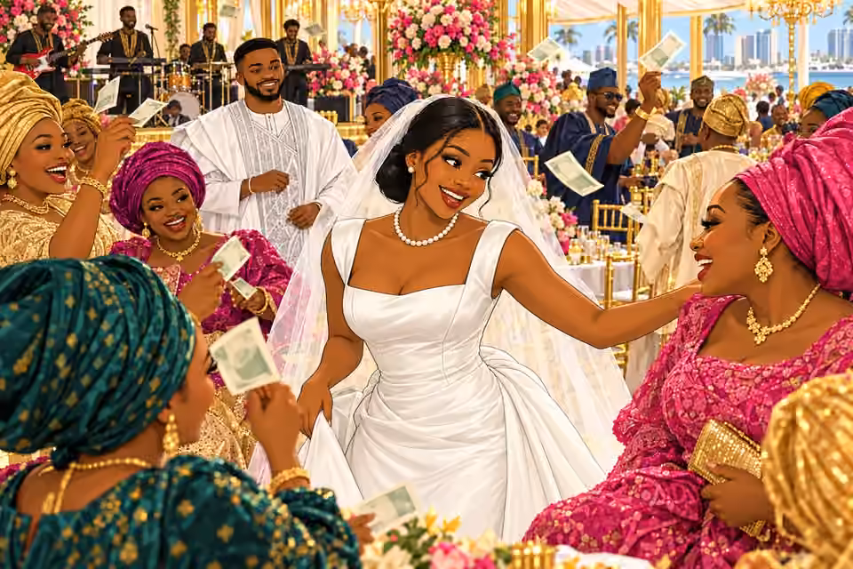 Amaka greets the wedding guests as a highlife band plays and celebrants spray banknotes.
