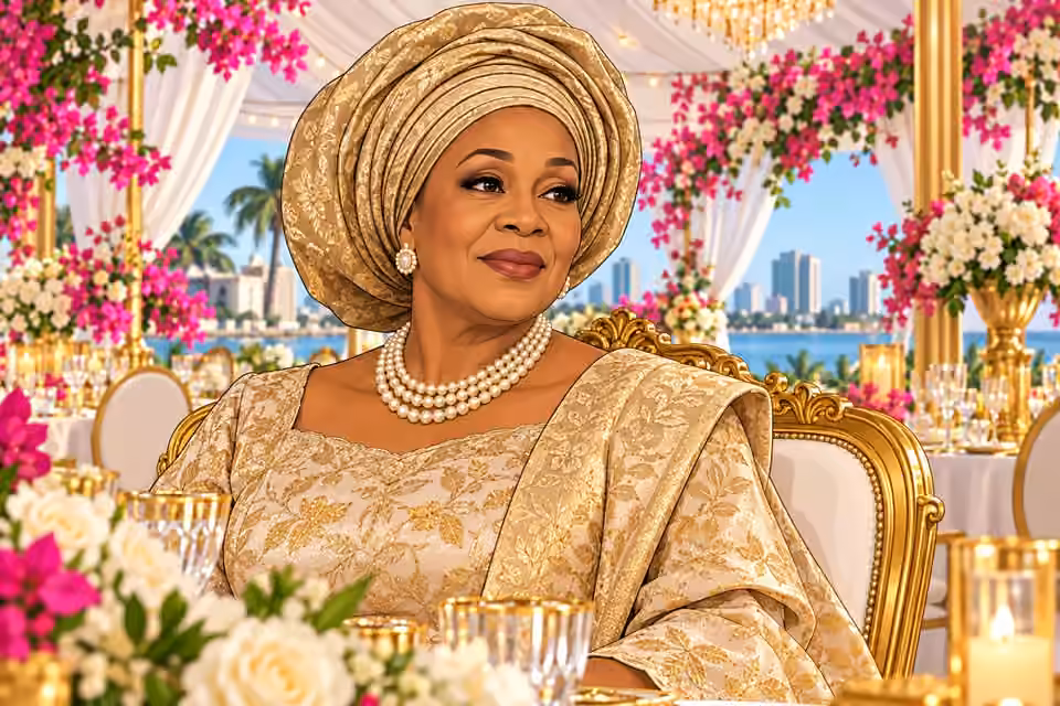 Agnes sits in her ornate reception chair, wearing champagne-gold attire and a composed, watchful smile.