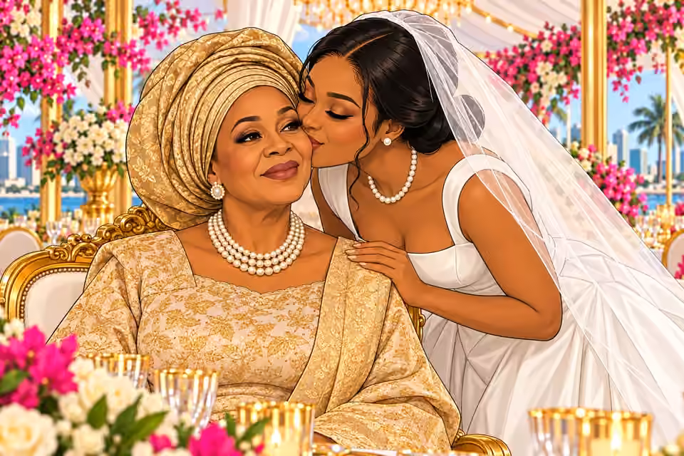 Amaka leans down to kiss Agnes on the cheek beside her wedding chair.