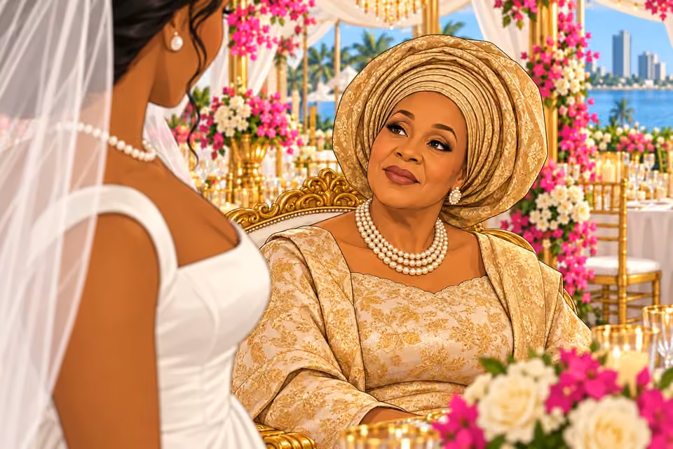 Agnes nods toward Amaka with a controlled, watchful expression.