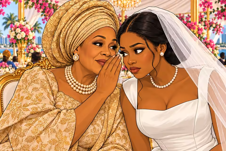 Agnes whispers to Amaka beneath the noise of the reception.