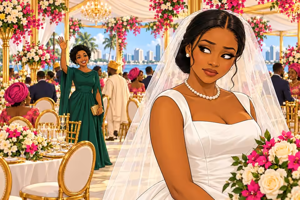 Uju waves in emerald green across the hall as Amaka looks away.