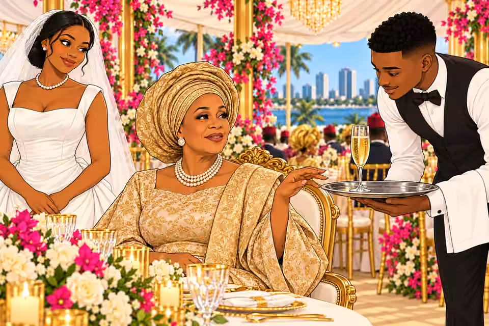 The waiter bows and offers champagne to the mother of the bride.