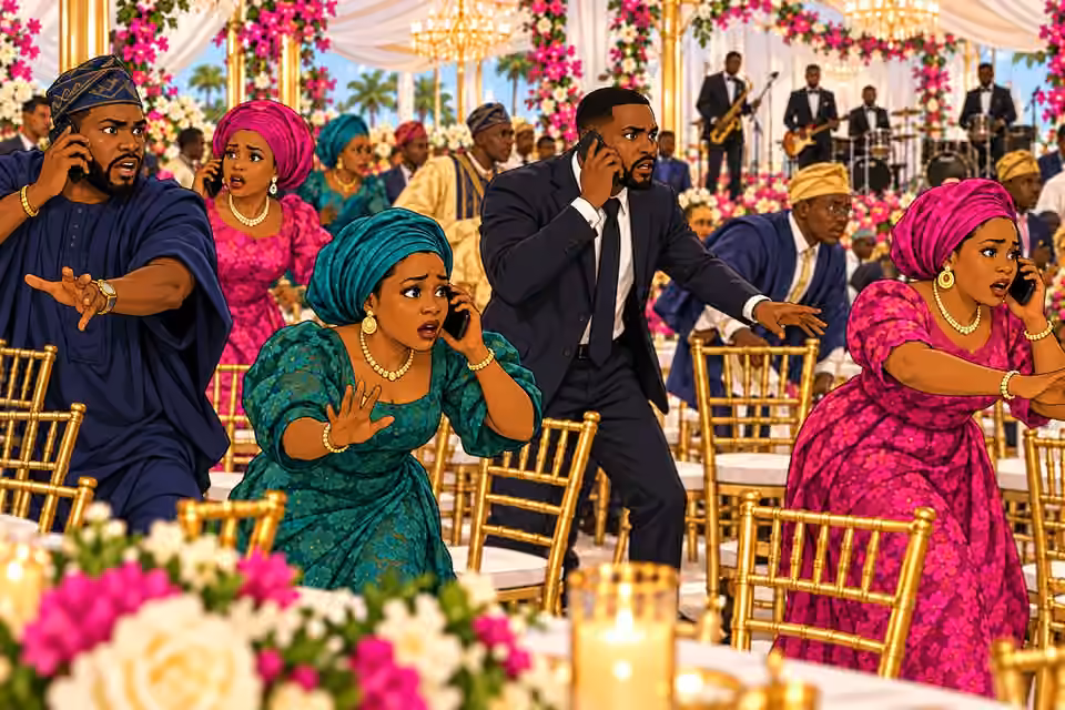 Guests call for help as chairs scatter and the band falls silent.