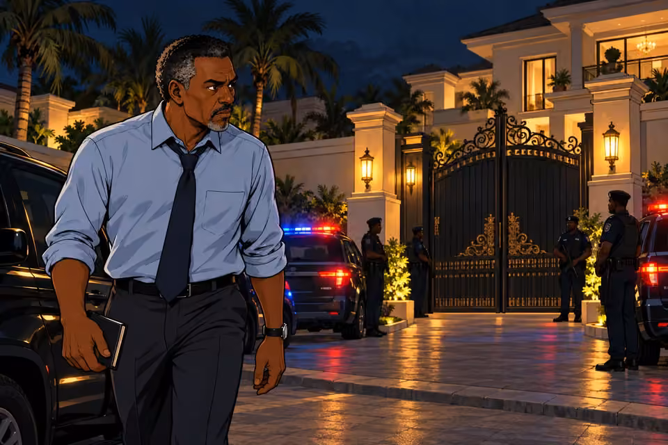 Detective Musa arrives at the sealed estate as police cars line the gates.