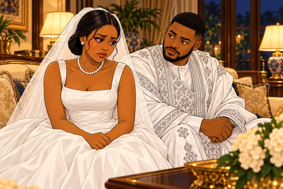 Amaka sits beside Chuka in the main sitting room, still in her wedding dress.