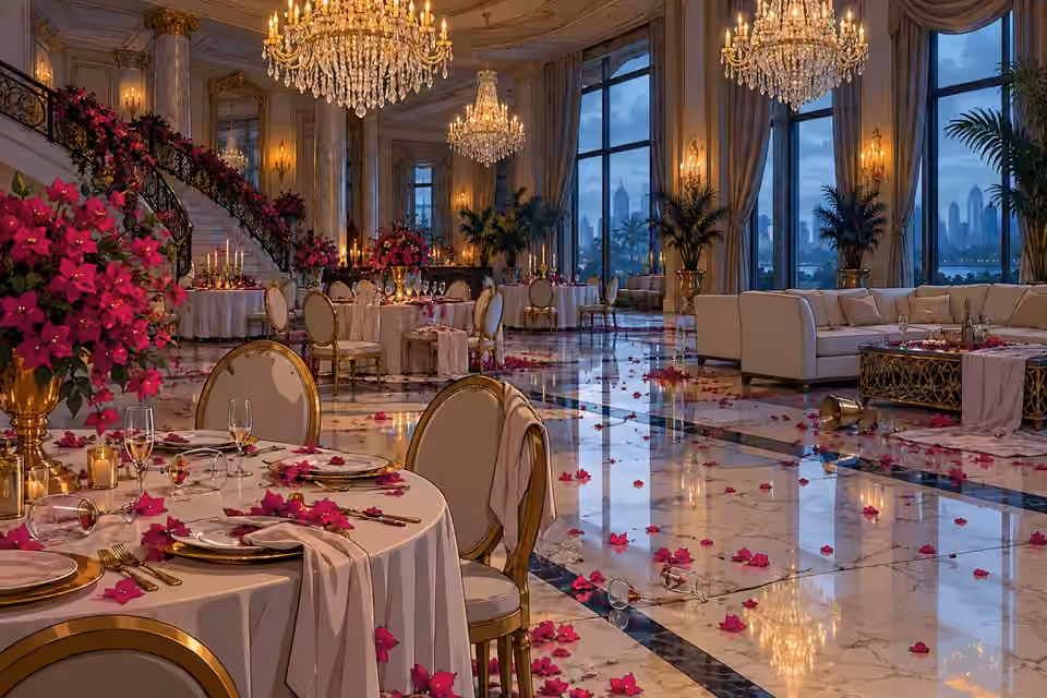 The wedding lounge stands empty the next morning, with petals scattered over cold marble.