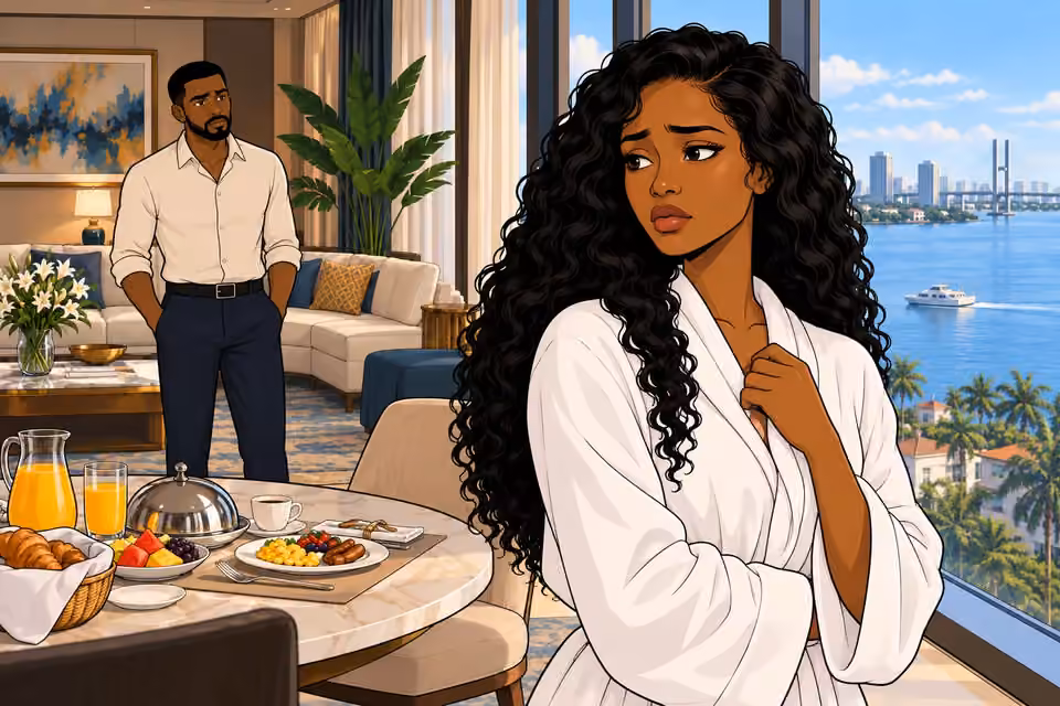 Amaka nods quietly by the window as Chuka watches her.