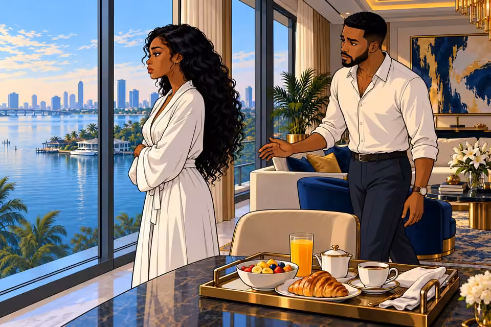 Chuka takes a hesitant step toward Amaka beside her untouched breakfast.