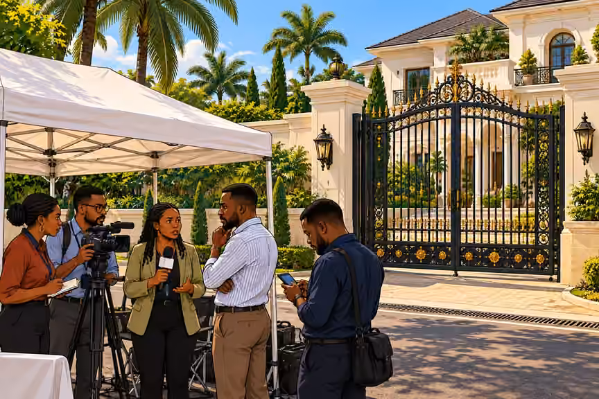 Journalists gather beneath a makeshift press tent outside the estate.
