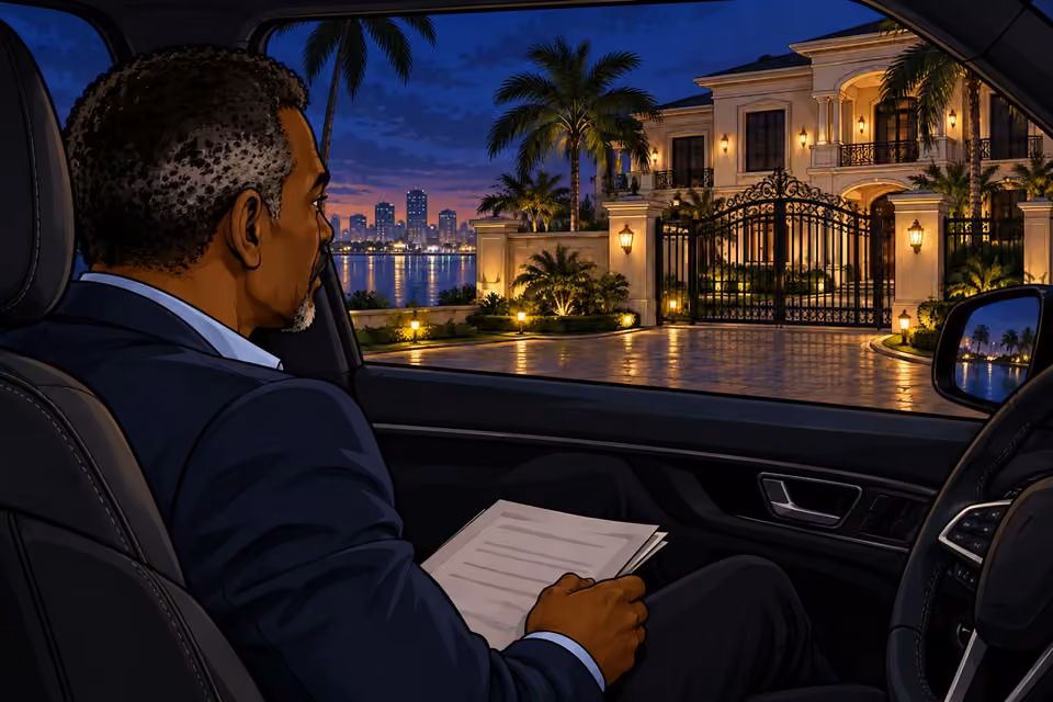 Musa studies the unnaturally quiet estate from his car.