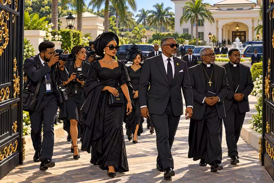 Journalists, clergymen and stylish mourners enter the Emecheta estate through its gates.