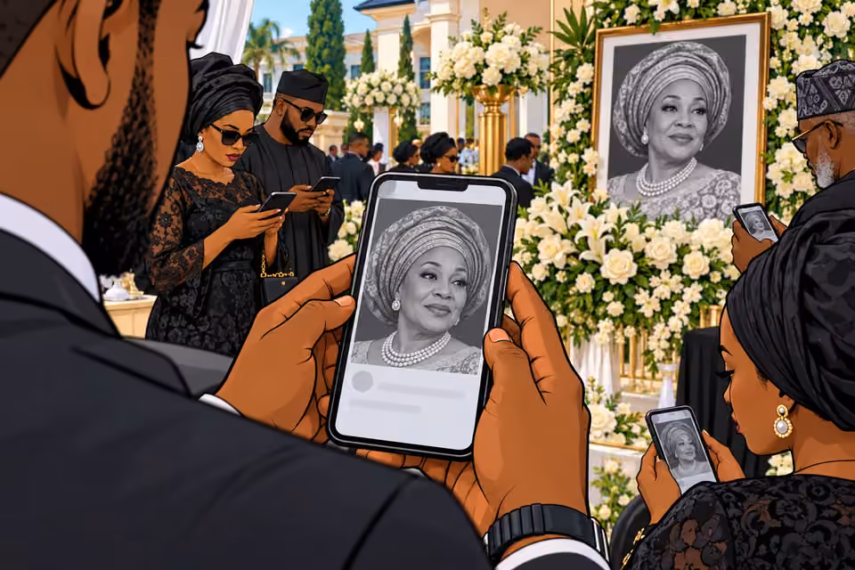 Mourners check phones showing Agnes's portrait as news of her death spreads.