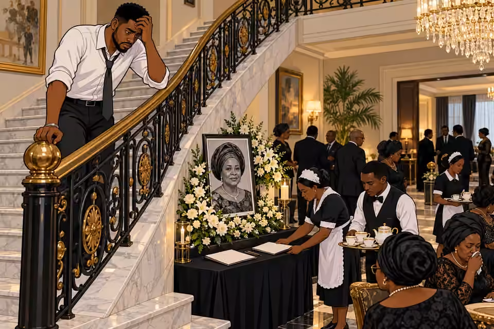 An exhausted Chuka watches from the staircase as servants prepare the condolence reception.