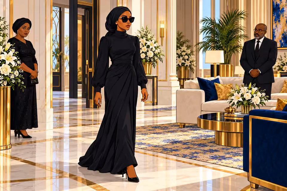 Amaka emerges from the hallway in black mourning clothes and sunglasses.
