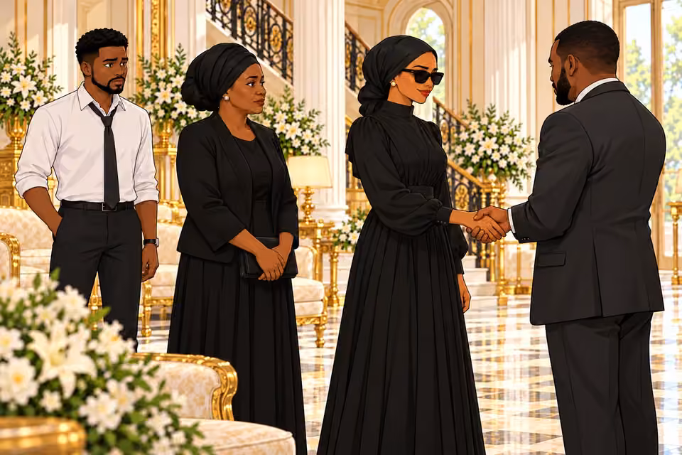 Amaka receives a visitor with a measured handshake as Chuka watches.