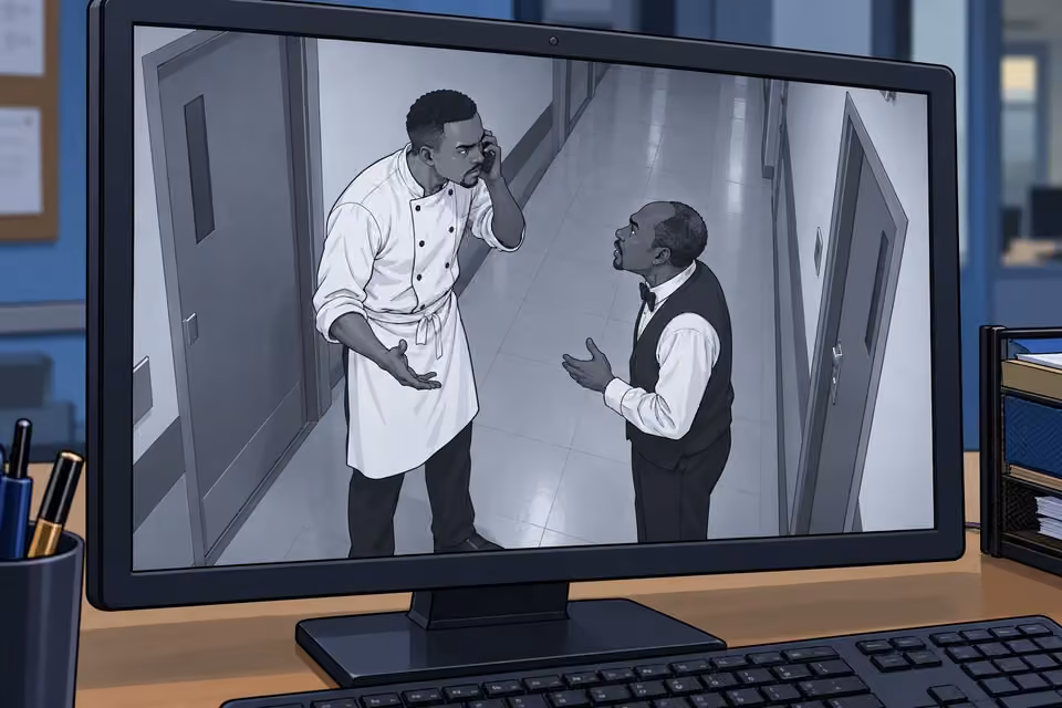 A CCTV monitor shows a chef and a short waiter arguing in a staff corridor.