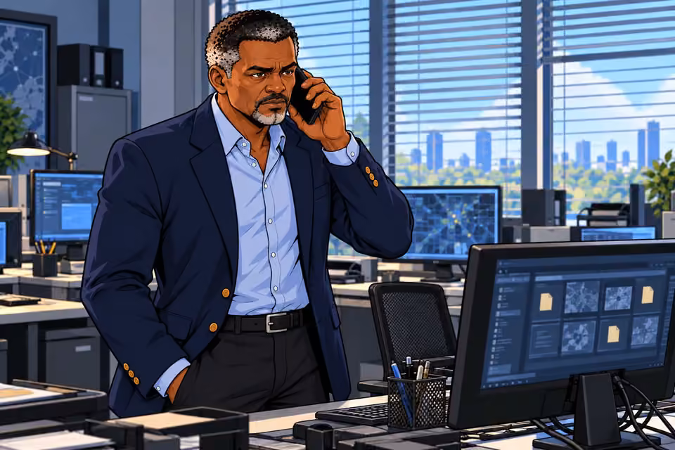 Musa answers the private call beside the workstation.