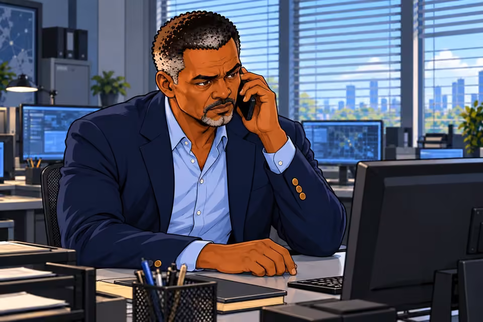 Musa listens to the nervous voice on the line.