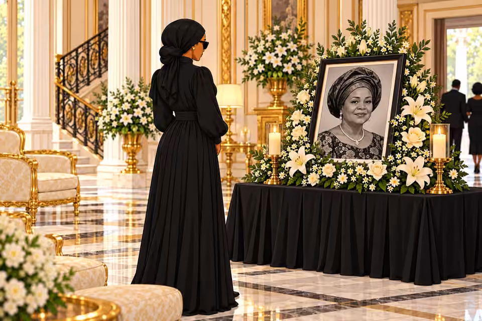 Amaka stands before the memorial photograph as the lounge empties.