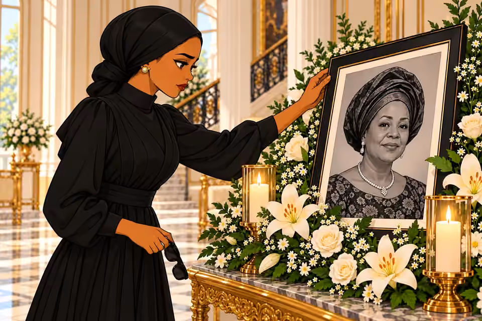 Amaka carefully adjusts the memorial photograph above the flowers.