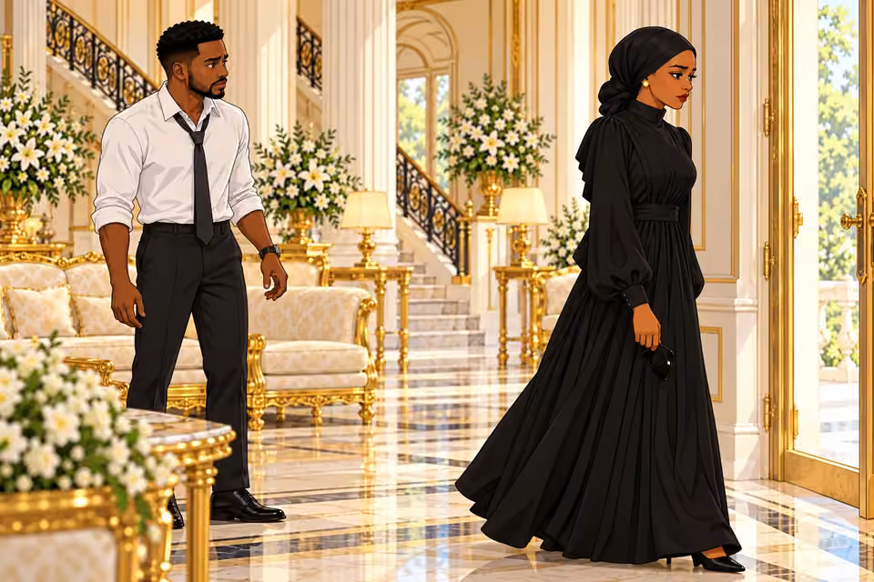 Amaka walks away and leaves Chuka standing in the lounge.